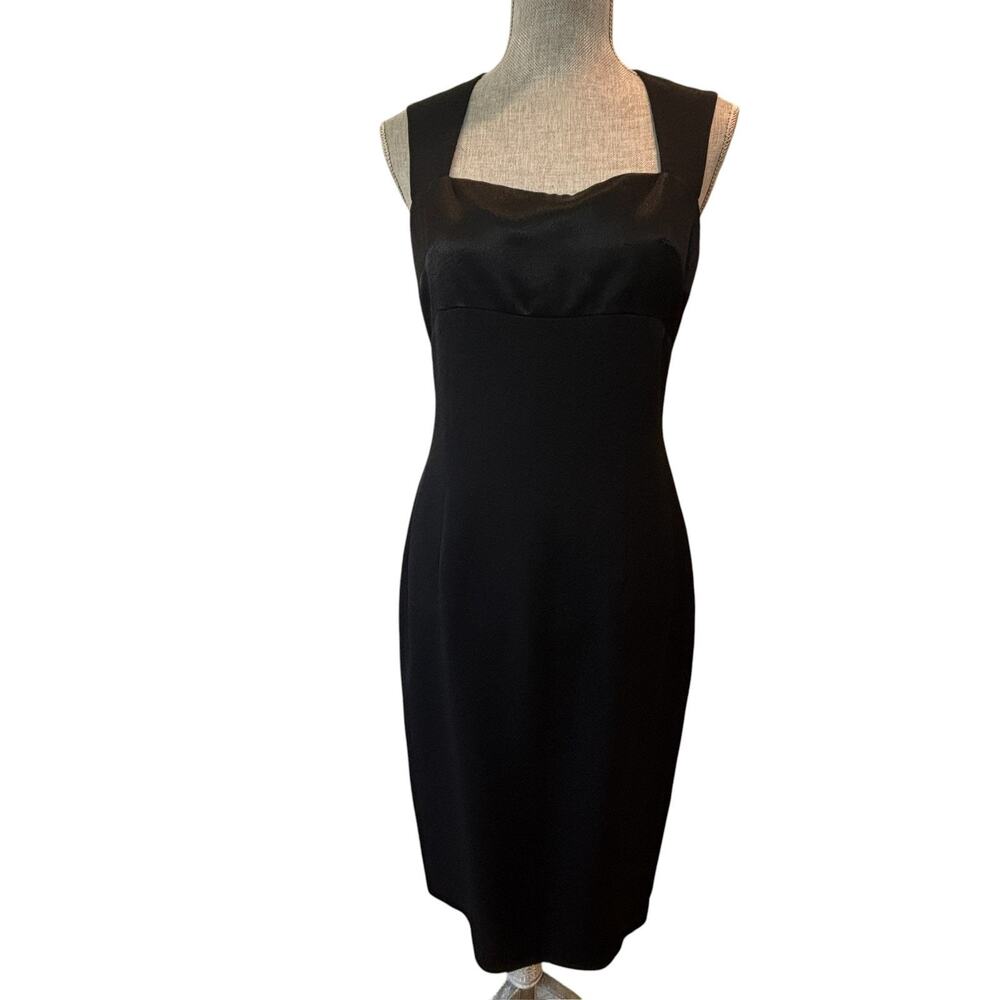 Vintage Georgiou Studio Sheath Dress Black Square Neck Midi Cocktail 90s Y2K